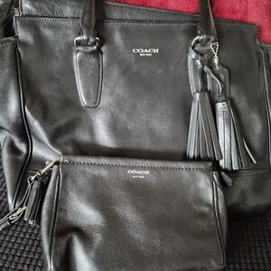 Coach Black Leather Tote with Tassel and Pouch